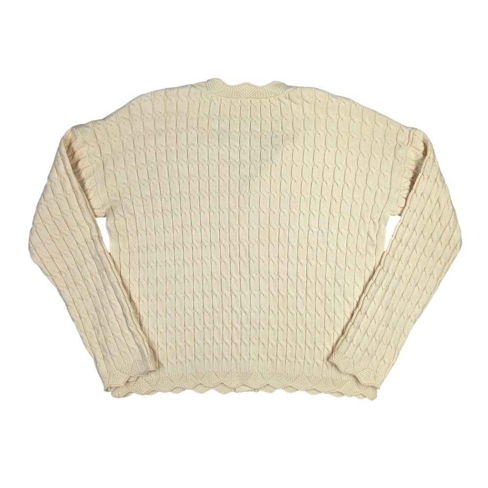 Cream Cable Knit Scalloped V-Neck Cardigan Sweater Large B8C745 - Picture 10 of 11